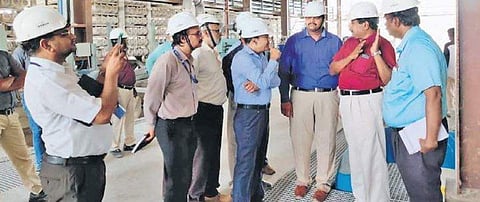 Metro Water officials inspecting the work in progress at the treatment plant in Kodungaiyur on Monday | Express