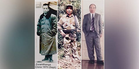 In one of the photos, the erstwhile rebel leader is seen in battle fatigues holding a gun. In another, he is seen wearing an overcoat and standing somewhere in China in 1970.  (Photo | Zoramthanga/Twitter)