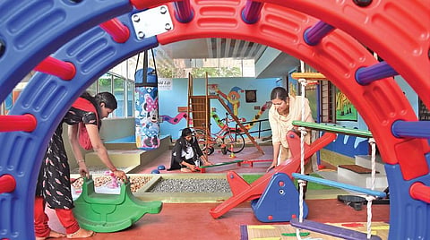 Teachers of Satram School, Fort, arranging the equipment at the sensory park ahead of its inauguration on Friday  B P Deepu