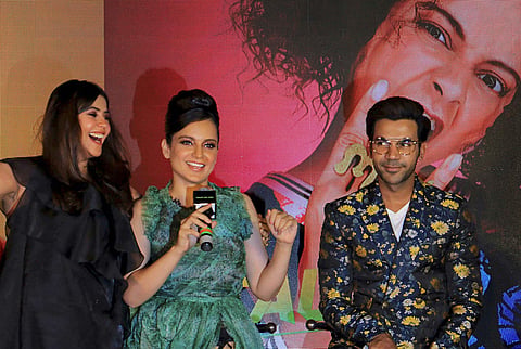 Bollywood actor Rajkummar Rao, actress Kangana Ranaut and film producer-director Ekta Kapoor attend the trailer launch of their upcoming Hindi film Judgementall Hai Kya in Mumbai on 7 July 2019. (Photo | PTI)