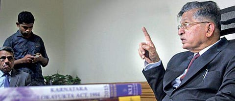 A file photo of Lokayukta Justice P Vishwanatha Shetty at his office in  Bengaluru.