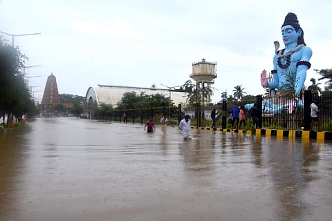 Srikanteshwara temple was surrounded by floodwaters in Nanjangud on Friday. (Udayshankara S | EPS)