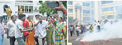 (From L) With AC Shanmugam taking an early lead, AIADMK cadre celebrating in Chennai on Friday morning; DMK cadre bursting crackers after DM Kathir Anand’s win, at party headquarters | ASHWIN PRASATH