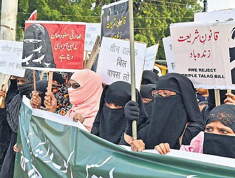 Muslim women participate in a rally to protest against the Triple Talaq Bill at Jabalpur in Madhya Pradesh on Saturday | PTI