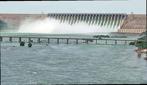 Water pours out of the Nagarjuna Sagar Project in Nalgonda district after all 26 crest gates were opened on Monday, a first since 2009  (Photo |EPS)