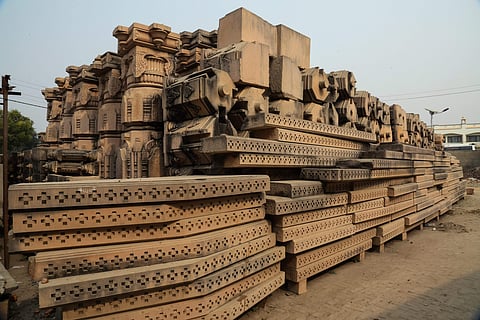 Carved stones are seen at the Ram Janmabhomi Nyas-run workshop at Karsevakpuram in Ayodhya. | (File | PTI)