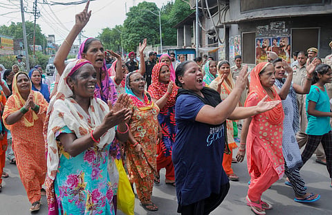 Members of Guru Ravidas Sabha Punjab during a protest march over demolishment of Guru Ravidas temple in Delhi in Amritsar,  Aug 13 2019. (Photo | PTI)