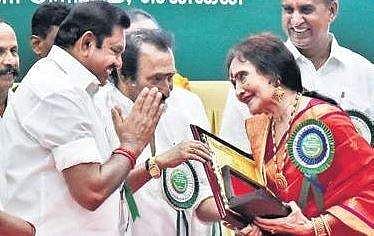 Actors Vyjayanthimala and Karthi receiving awards from Chief Minister Edappadi K Palaniswami, in Chennai on Tuesday | p Jawahar