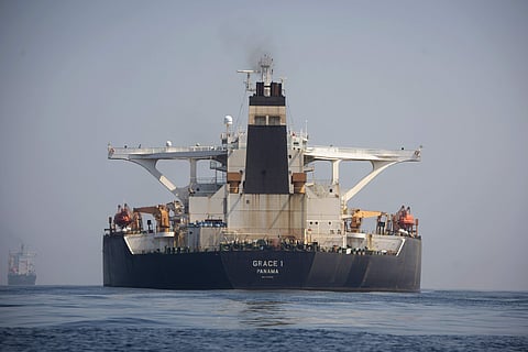 A stern view of the Grace 1 super tanker in the British territory of Gibraltar, Thursday, Aug. 15, 2019, seized last month in a British Royal Navy operation off Gibraltar.  | ( Photo | AP )