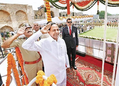 Chief Minister K Chandrasekhar Rao salutes during the Independence Day celebrations at Golconda Fort  in Hyderabad on Thursday (Photo |EPS)