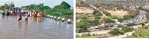 Water overflowing on the main road connecting the viillages of Madipadu and Achempeta in Guntur district ; (TOP) An aerial view of a 5-km-long traffic jam in Vijaypuri South in Guntur district on Thursday (Photo |EPS)
