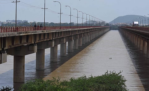 The Krishna flood water at Kanaka Durga Varadhi in Vijayawada on Thursday. (Photo | P Ravindra Babu, EPS)