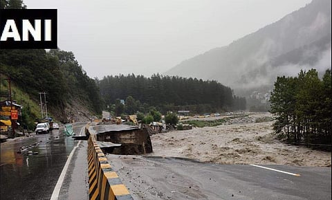 National Highway 3 between Manali and Kullu partially damaged due to landslide and heavy rain (Photo | ANI)