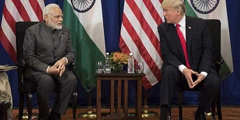 US President Donald Trump (R) speaks with Indian Prime Minister Narendra Modi during a bilateral meeting. (Photo | AFP)