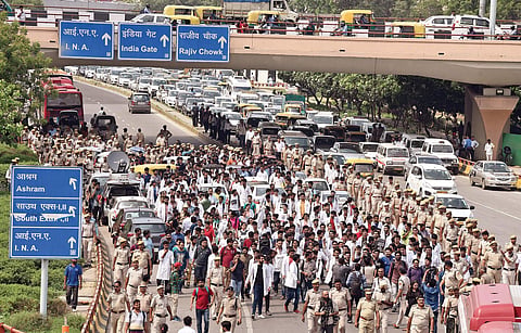 Members of Resident Doctors Association (RDA) of Safdarjung Hospital and AIIMS protest on Aurobindo Marg Road; (Left) Patients wait outside the OPD at AIIMS  | parveen negi & Arun Kumar