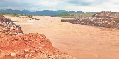 Floodwater in River Godavari at Polavaram project in West Godavari district on Thursday;