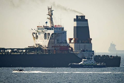 In this photo, a Royal Marine patrol vessel is seen beside the Grace 1 super tanker in the British territory of Gibraltar. (File Photo | AP)