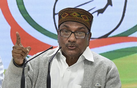 Senior Congress leader and former defence minister AK Antony addresses a press conference at AICC headquarters in New Delhi (File Photo | PTI)