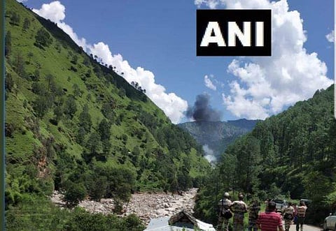 The helicopter crashed near Moldi while returning after distributing relief material. (Photo | ANI)