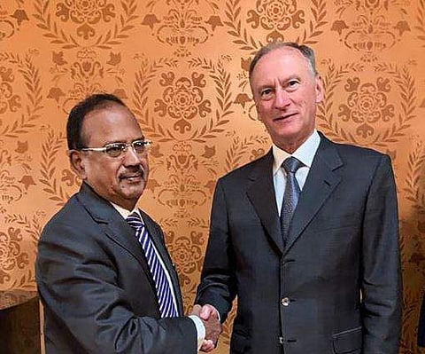 National Security Advisor Ajit Doval shakes hands with Nikolai Patrushev Secretary of the Russian National Security Council during a meeting. (Photo | PTI)