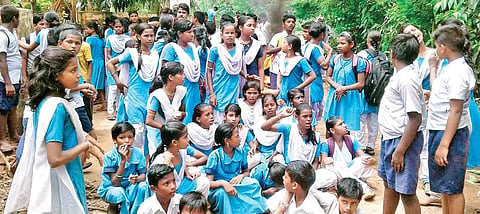 Students staging protest at  Gopaljew Vidyapeeth in Gajrajpur on Thursday | Express