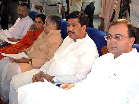 Union Law Minister Arun Jaitley with General Secretary Pramod Mahajan and Uma Bharati along with other Union Ministers  during the  State  Election Managing Committe Meeting. (Photo| PTI)