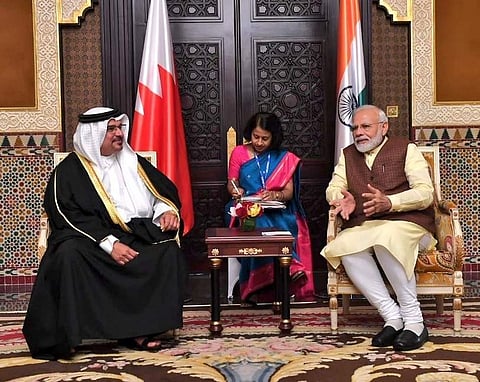 PM Narendra Modi with the Crown Prince of Bahrain Salman bin Hamad bin Isa Al Khalifa on Saturday. (Photo | MEA/Twitter)