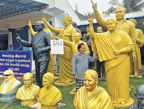 Statues of Tamil Nadu political leaders placed for sale along the East Coast Road in Mahabalipuram | Express