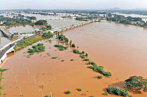 An aerial view of flood-affected areas in Tirumakudalu Narasipura town of Mysuru district on Monday (File Photo |EPS)