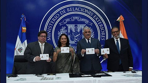 The Dominican Republic launched a stamp commemorating the 150th birth anniversary of Mahatma Gandhi ( Photo | V Muraleedharan Twitter )