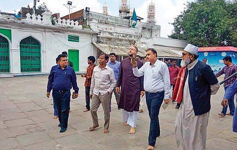 AIMIM chief Asaduddin Owaisi taking stock of the restoration works at Mecca Masjid in Hyderabad on Wednesday | Express