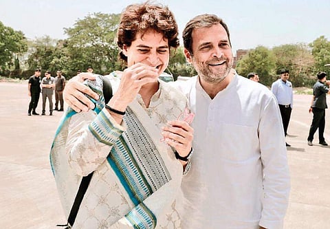 Former Congress President Rahul Gandhi with sister Priyanka Gandhi Vadra at public meeting in Rae Bareli.