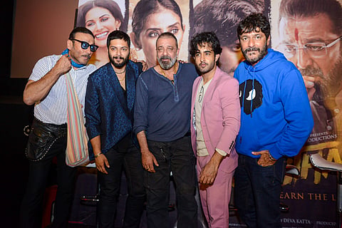 Jacky Shroff, Ali Zafar, Sanjay Dutt, Satyajeet Dubey and Chunky Panday during the trailer launch of 'Prassthanam' in New Delhi on 29 August 2019. (Photo | PTI)