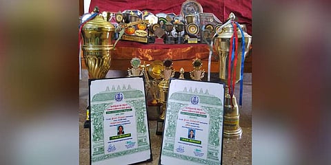 Awards received by Selvarani and Keerthana from various competitions at district and State levels. (Photo | Express)