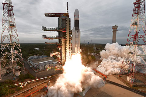 India's second moon mission Chandrayaan-2 lifts off onboard GSLV Mk III-M1 launch vehicle from Satish Dhawan Space Center at Sriharikota in Andhra Pradesh, July 22 2019. (Photo | ISRO)