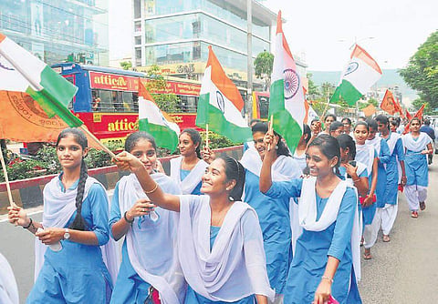 ABVP members take out a rally in Visakhapatnam on Monday to celebrate Centre’s decision of scrapping of Article 370  I EPS, G satyanarayana