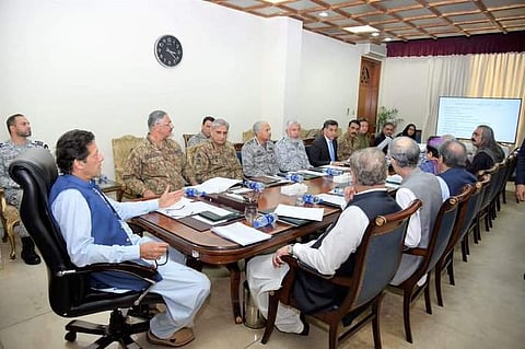 Pakistan Prime Minister Imran Khan chairs a National Security Council meeting. (Photo | Twitter, Govt of Pakistan)