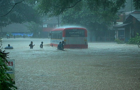 People wading through  flooded road in Kozhikode. (Photo | T P Sooraj, EPS)