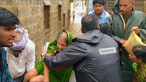 97-year-old Chandrava Solabavi was rescued in the floods in floods in Malali village near Mudhol in Karnataka on 8 August 2019. (Photo | EPS)