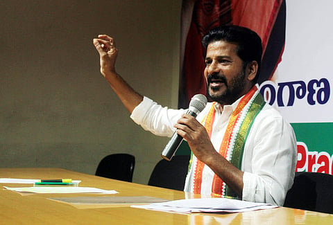 Congress MP A Revanth Reddy Addressing the media at gandhi bhavan in Hyderabad on Saturday. (Photo | EPS)