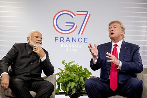 Prime Minister Narendra Modi and President Donald Trump discuss Kashmir during a bilateral meeting at the G-7 summit (File Photo | AP )