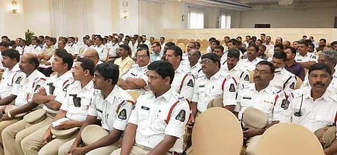 Hyderabad South Zone police conducting a meeting with all traffic police to prevent corruption activities in police department. (EXPRESS PHOTO)