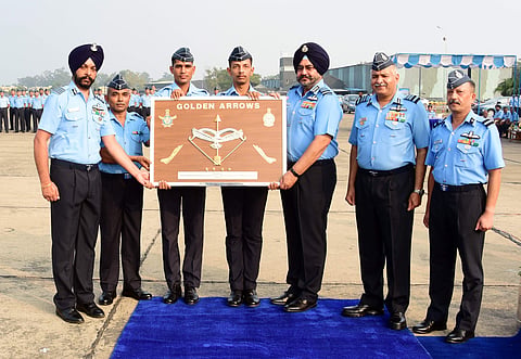 Air Chief presenting the squadron insignia to the Commanding Officer (Designate) of Squadron, Group Captain Harkirat Singh. | Express Photo Services