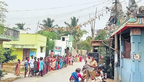 Villagers gather before police personnel at Pombur colony near Vikrawandi; (below) burnt sugarcane crops at the village | Express