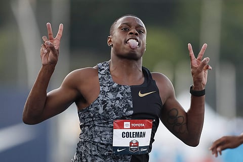 Christian Coleman celebrates as he wins the men's 100-meter dash final at the U.S. Championships athletics meet, in Des Moines, Iowa. (Photo | AP)