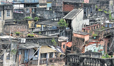 A view of the buildings in the Bowbazar area, where several houses have been damaged owing to tunneling for  East-West Metro corridor, in Kolkata. (Photo | PTI)