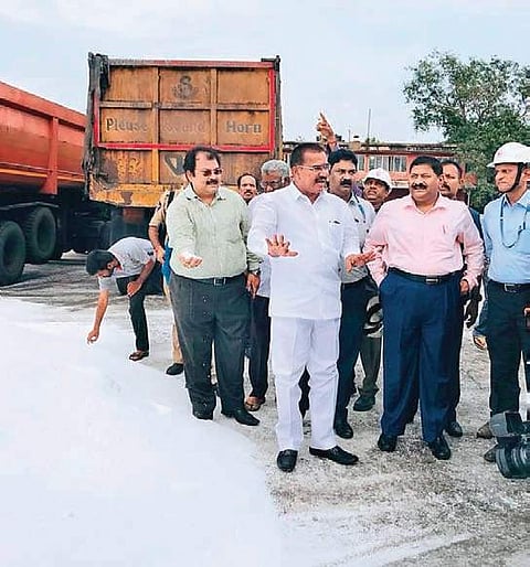 Agriculture Minister S Niranjan Reddy inspects a mound of urea at Gangavaram Port near Visakhapatnam in Andhra Pradesh  on Thursday | Express