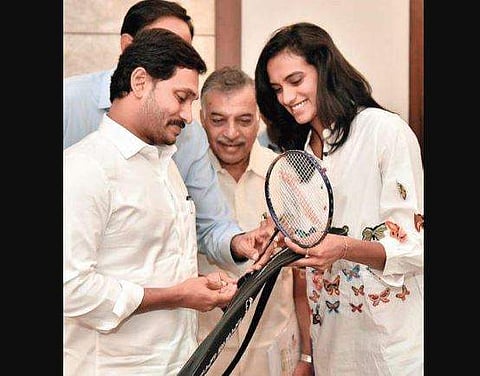 World badminton champion PV Sindhu with Chief Minister YS Jagan Mohan Reddy at the Secretariat in Velagapudi on Friday (Photo |EPS)
