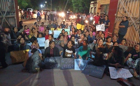 BHU students protested against the alleged reinstatement of suspended Professor SK Chaube (Photo | Twitter@AISA_tweets)