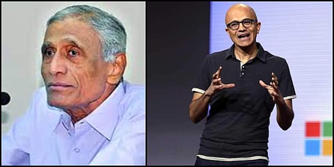 L-R: Retired IAS officer B N Yugandhar and his son Microsoft CEO Satya Nadella. (Photos | Twitter/ File)